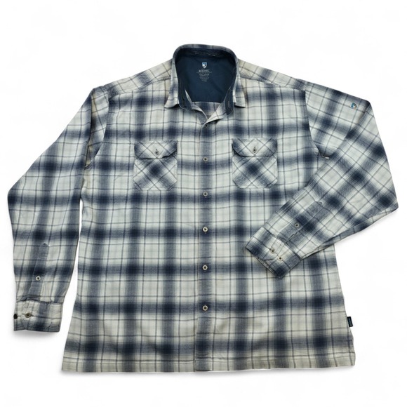 KÜHL Flannel Shirt XXL Gray Blue Plaid Long Sleeve Cotton Tencel Outdoor Hiking